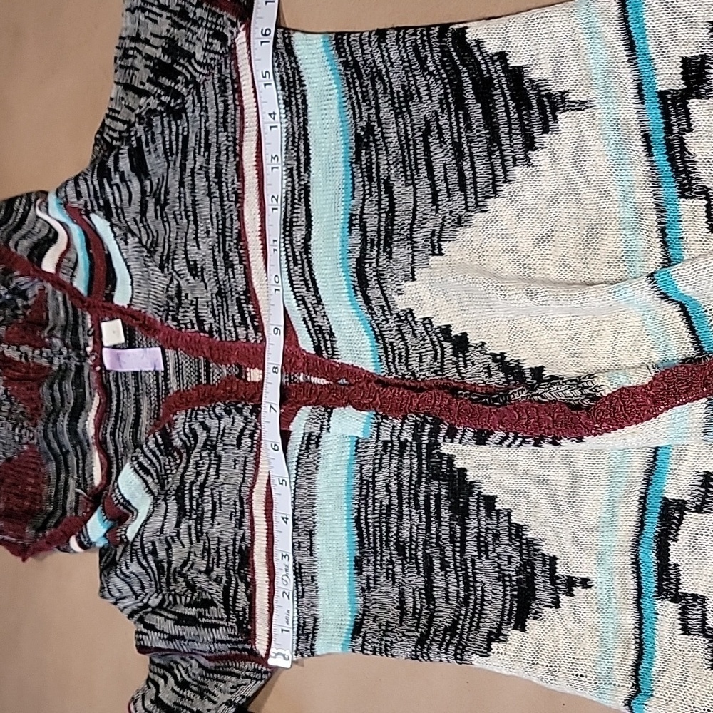 Alya (Francesca’s) Size S Teal, Black Burgundy, White Aztec Knit Hooded Cardigan - Picture 6 of 11